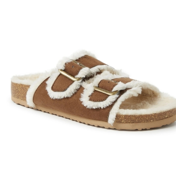 NWT EZ FEET CHESTNUT FUR LINED DOUBLE BUCKLE INDOOR/OUTDOOR SLIPPERS SZ 8 - Picture 2 of 7